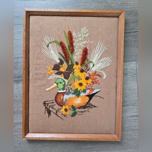 Vintage Handmade Framed Duck Needlepoint 3D Art Deco Cabin Geese Goose